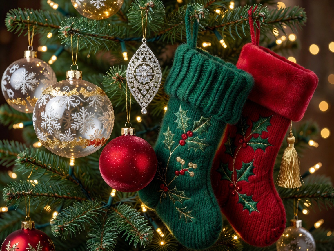 Premium decorated Christmas tree ornaments and festive stockings