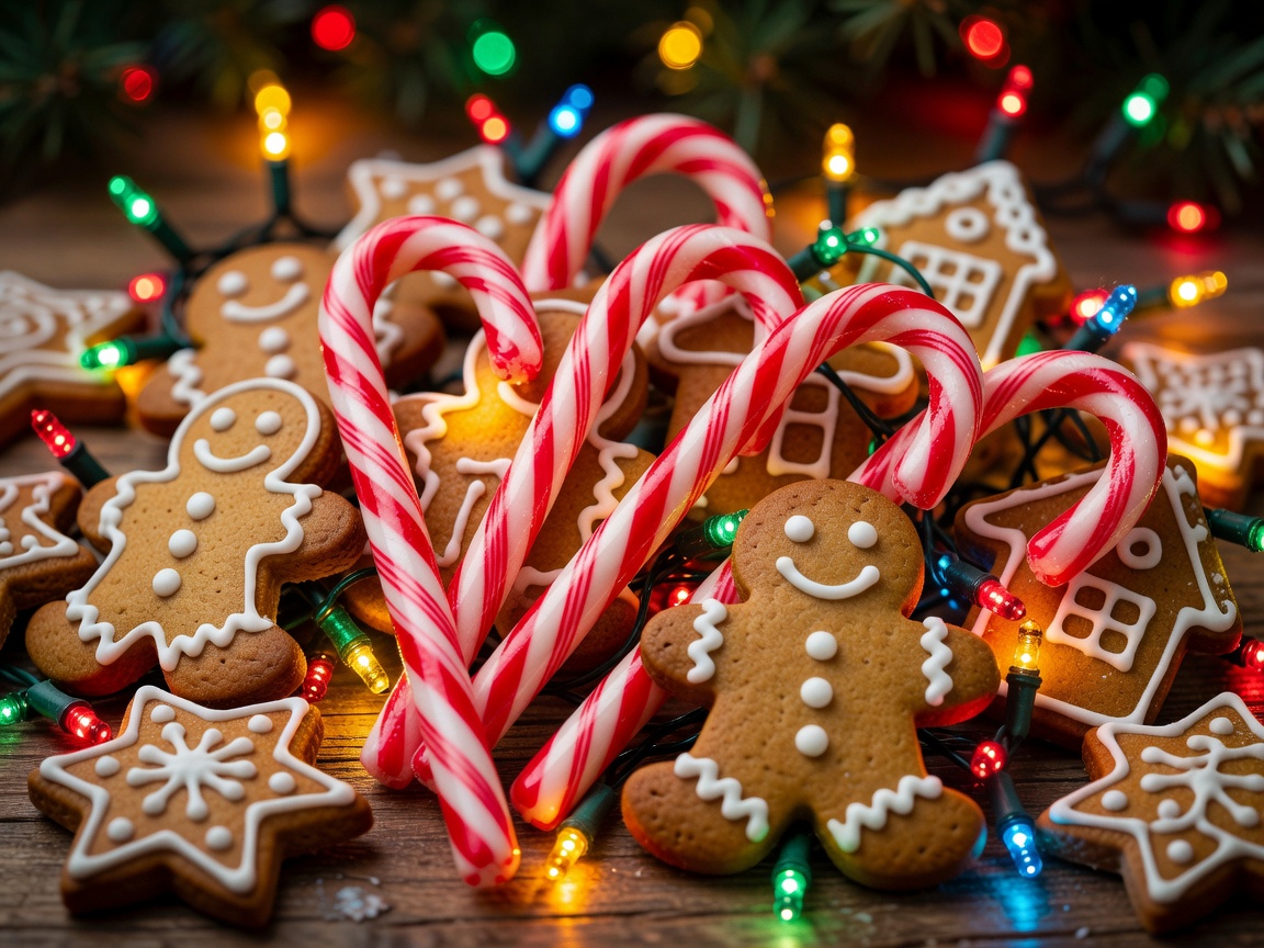 Festive candy canes and gingerbread cookies glowing with holiday lights