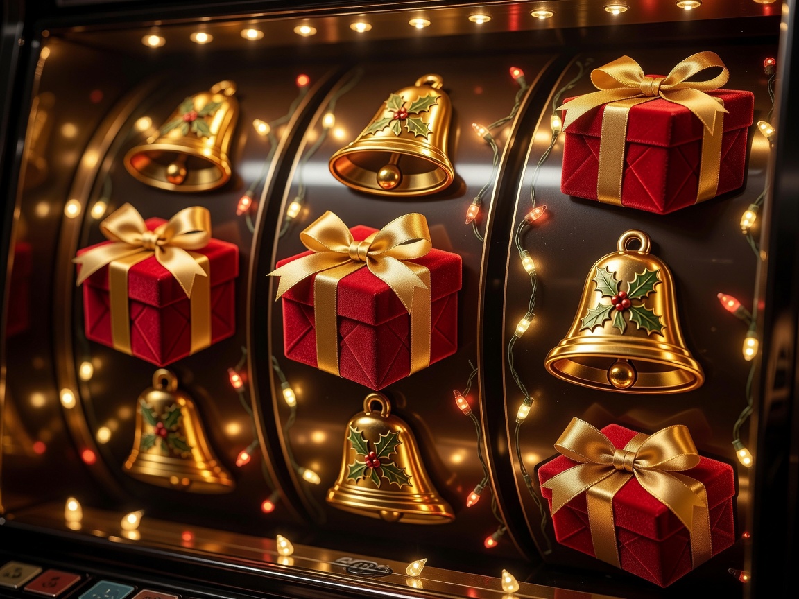 Close-up of premium Christmas gift boxes and golden bells on the slot reels